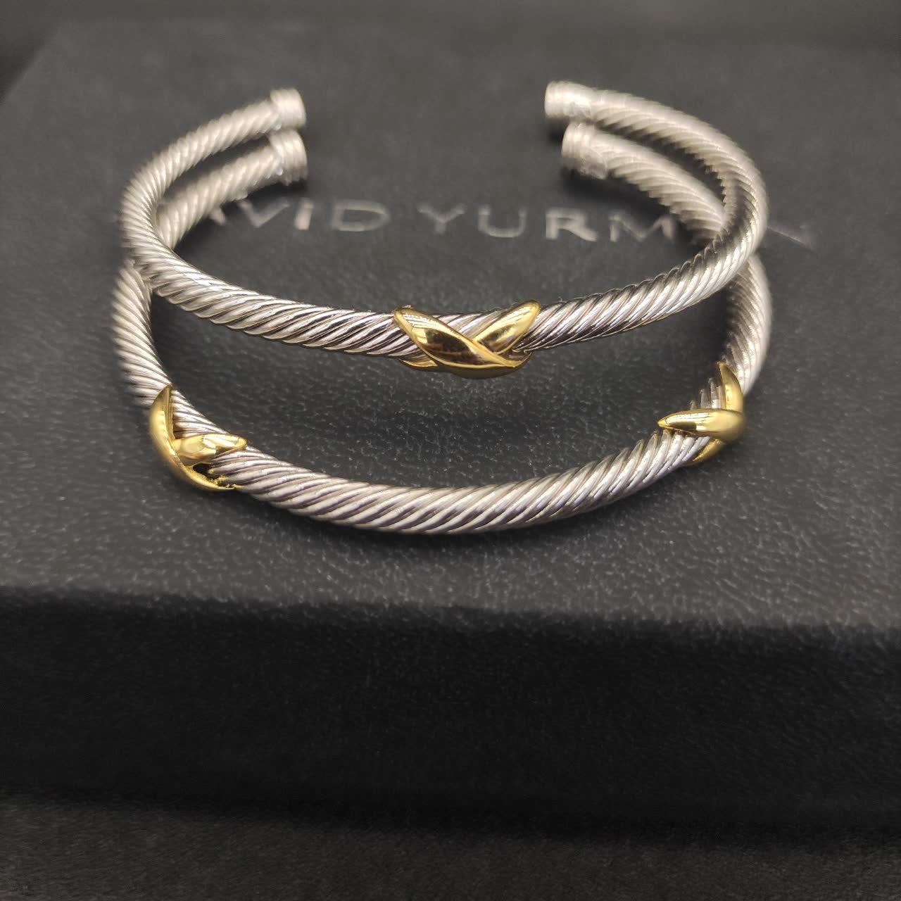 David Yurman Silver Cable Wire Bangle Bracelet with Gold Accents